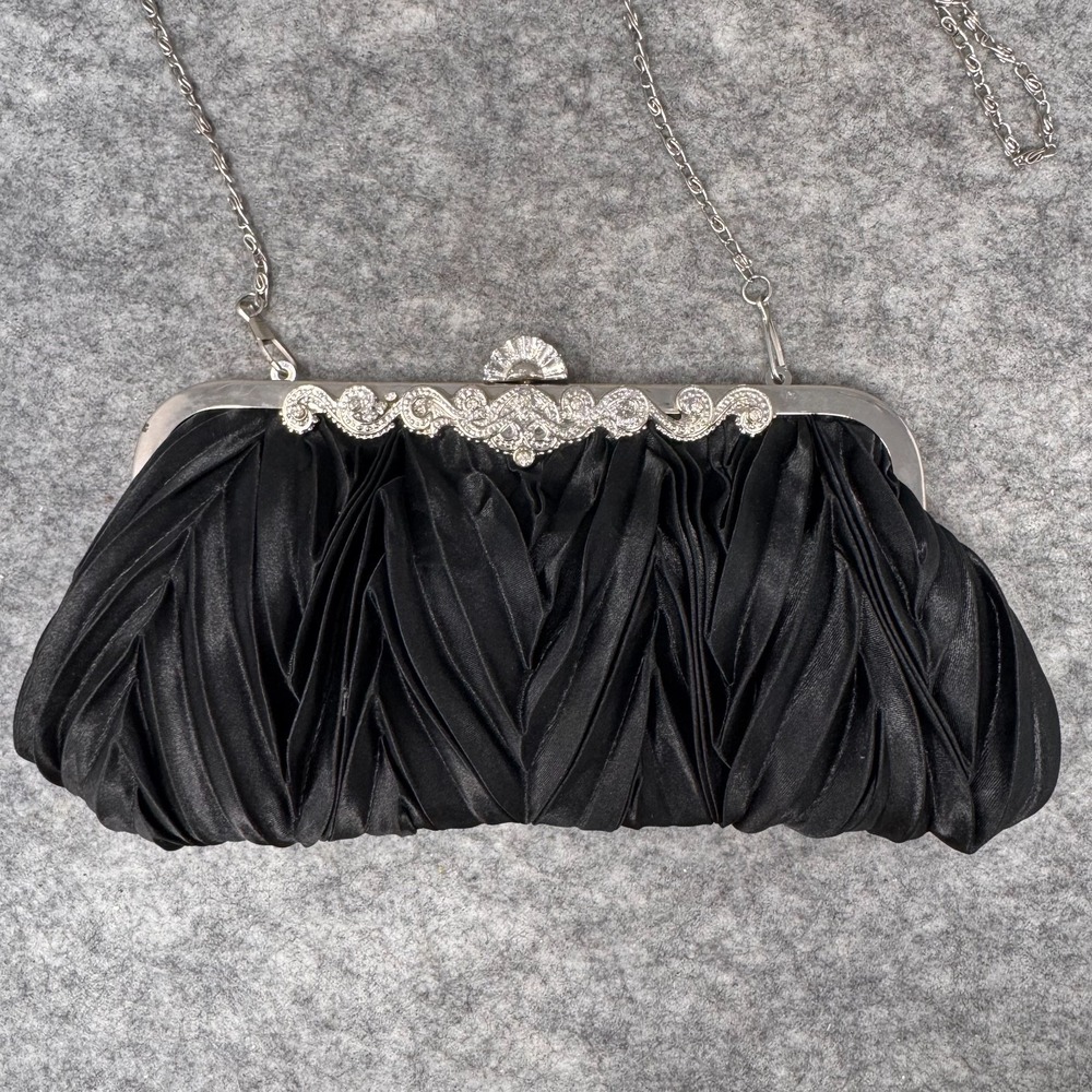 Vtg‎ Damara Black Satin Evening Bag Clutch Purse Silver Elegant Event Kiss Clasp